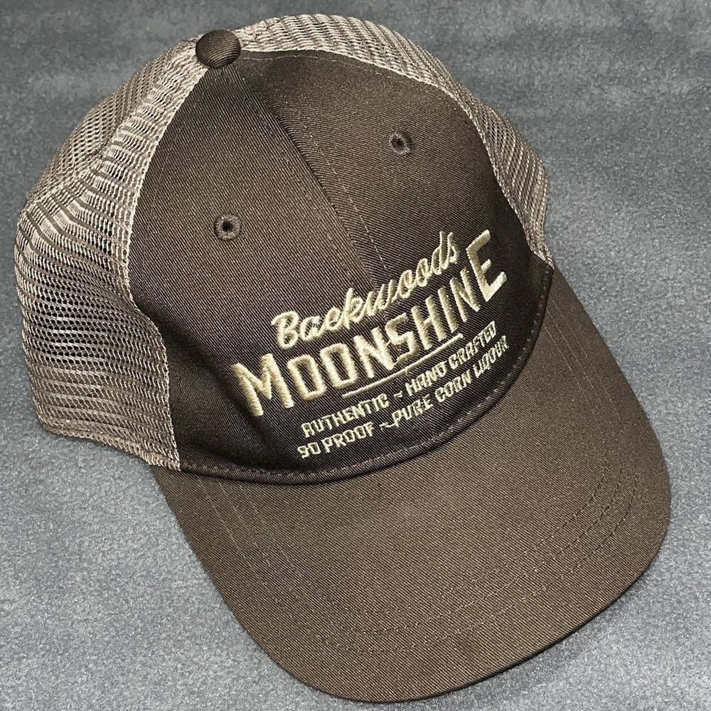 "Backwoods Moonshine" Brown/Beige Mesh Snapback Trucker Hat‎ Cap, Infinity, Beer